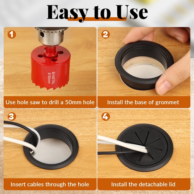 Alt view image 6 of 7 - 8 Pcs Black Desk Grommet, 2 Inch Desk Hole Cover for Cables, Grommet Cover with Hole Saw for Table Cables Wire Home Office