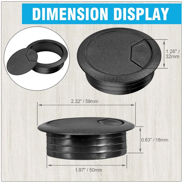 Alt view image 2 of 7 - 2" Spring Desk Grommet - Black - 2 Pcs | Plastic Cable Hole Cover, Computer Table Cord Wire Organizer Caps, Desktop Cord Management for Home Office TV Stands Tabletop