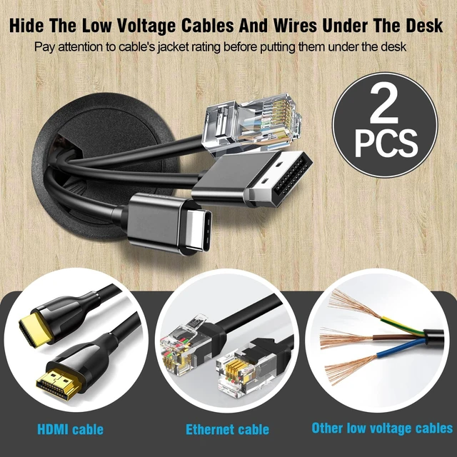 Alt view image 3 of 7 - 2" Spring Desk Grommet - Black - 2 Pcs | Plastic Cable Hole Cover, Computer Table Cord Wire Organizer Caps, Desktop Cord Management for Home Office TV Stands Tabletop