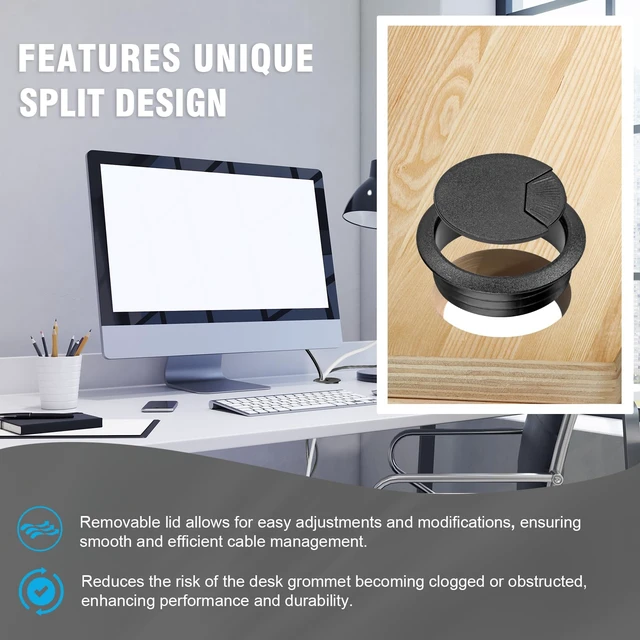 Alt view image 4 of 7 - 2" Spring Desk Grommet - Black - 2 Pcs | Plastic Cable Hole Cover, Computer Table Cord Wire Organizer Caps, Desktop Cord Management for Home Office TV Stands Tabletop