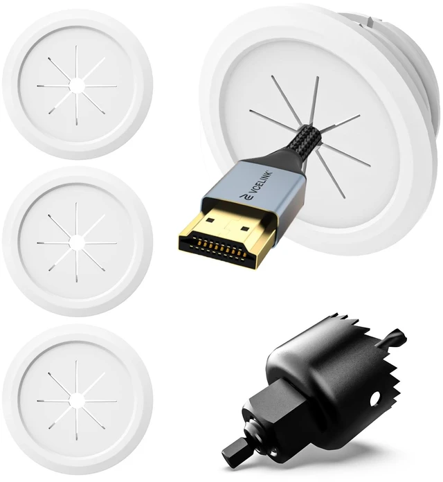 Main image of in-Wall Cable Management Kit, Fits 4 Low-Voltage Cables, 4-Pack | 2.36" Mini White TV Cord Hider | Push Type | Hides TV Wires | 4-Pack Grommets & 1 Hole Saw Drill Bit