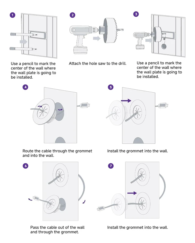 Alt view image 7 of 7 - in-Wall Cable Management Kit, Fits 4 Low-Voltage Cables, 4-Pack | 2.36" Mini White TV Cord Hider | Push Type | Hides TV Wires | 4-Pack Grommets & 1 Hole Saw Drill Bit