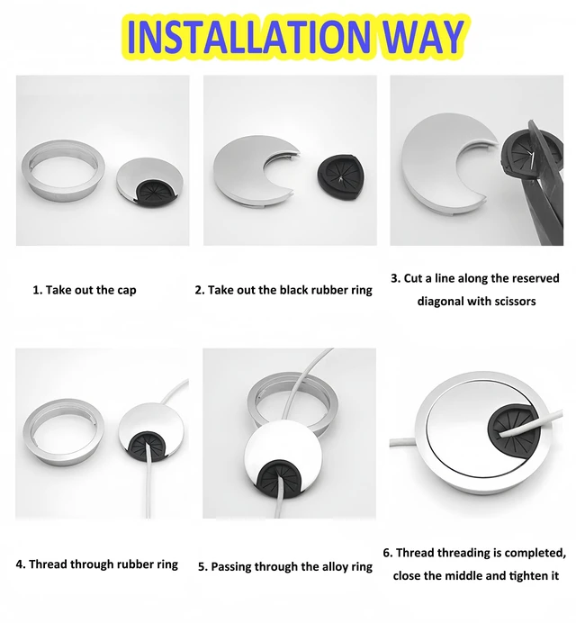 Alt view image 5 of 6 - 3 Pcs Satin Nickel Metal Cable Grommet, Zinc Alloy Desk Table Grommet Cable Cord Hole Cover for Home and Office, Fits 2inchs Hole 50MM Black