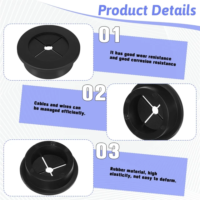 Alt view image 3 of 7 - 2PCS Cable Cord Grommet, 1-1/4 Inch (32mm) Black Desk Grommets Flexible Silicone Grommet Hole Cover, Wire Hole Cover Pass Through Desk Grommets for Table and Other Furnitures, Black