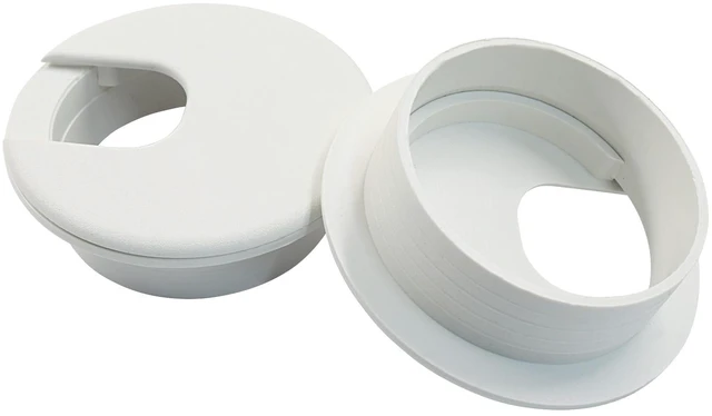 Main image of 2 Pcs Desk Grommet, 2 Inch Cable Organizer, Snap-On Cover, White | Rotating Collar For 360-Degree Cord Access, Press-Fit No Tools, Flush Profile, Conceals Cables Reduces Clutter