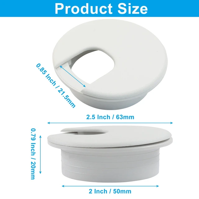 Alt view image 3 of 5 - 2 Pcs Desk Grommet, 2 Inch Cable Organizer, Snap-On Cover, White | Rotating Collar For 360-Degree Cord Access, Press-Fit No Tools, Flush Profile, Conceals Cables Reduces Clutter