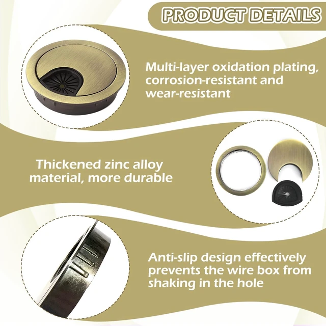 Alt view image 4 of 6 - 2 Pack 60mm Desk Cable Grommet Cover, One-Piece Molded Construction Cable Heavy Duty Zinc Alloy Hole Organizer with Adjustable Center Cable Hole for Office Computer Desk Worktops (Bronze)