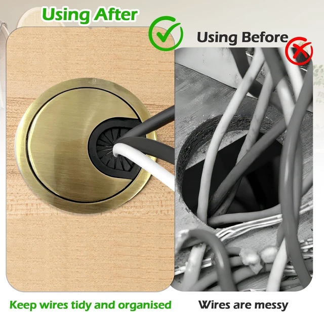 Alt view image 5 of 6 - 2 Pack 60mm Desk Cable Grommet Cover, One-Piece Molded Construction Cable Heavy Duty Zinc Alloy Hole Organizer with Adjustable Center Cable Hole for Office Computer Desk Worktops (Bronze)