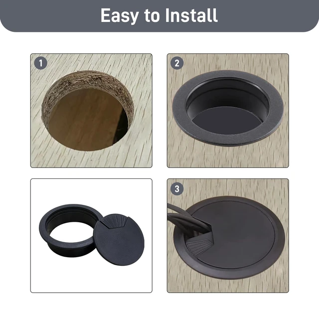 Alt view image 5 of 7 - 2 Pack 2 Inch Desk Grommet, Black Sturdy ABS Plastic Table Cable Hole Cover, Detachable Wire Cord Grommet for Home Office Desk Cable Management