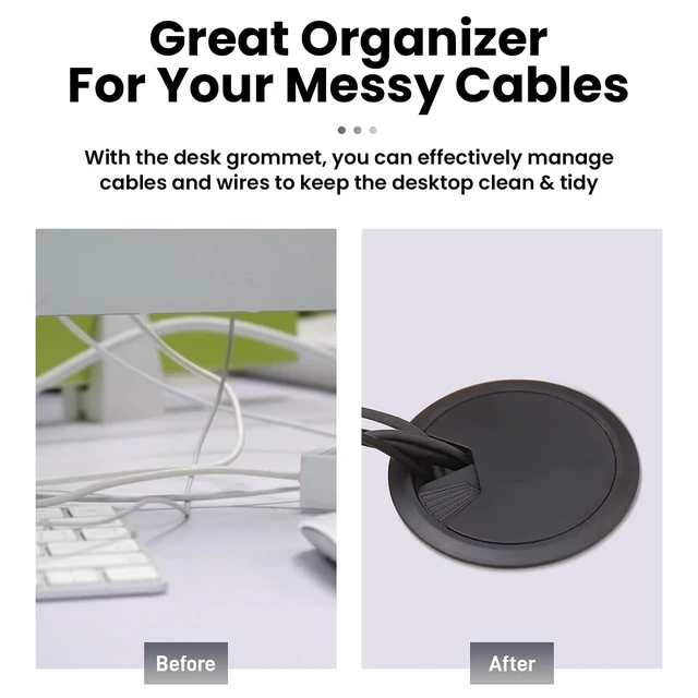Alt view image 4 of 7 - 2 Pack 2 Inch Desk Grommet, Black Sturdy ABS Plastic Table Cable Hole Cover, Detachable Wire Cord Grommet for Home Office Desk Cable Management