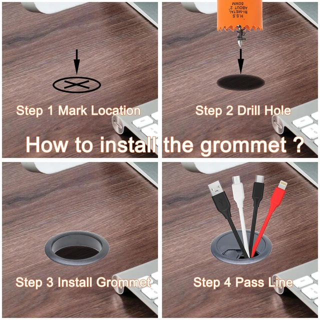Alt view image 4 of 6 - Desk Grommet 2 inch with Hole Saw, 2PCS, Black | Desk Hole Cover & Insert, for Cable Cord Wire