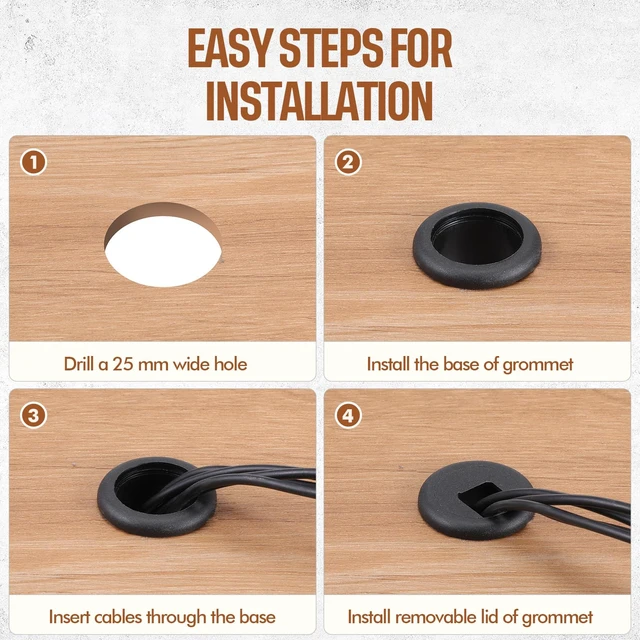 Alt view image 5 of 7 - 10 Packs Desk Grommet Cable Hole Cover Plastic, 1 Inch, Black | Wire Organizer for Cord Management, Desktop Grommet for Office Table, Home Cable Organizer, PC Computer Workstation Setup