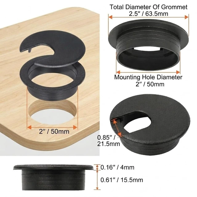 Alt view image 2 of 6 - 2 Inch Desk Grommet (50mm) - 5 Pack Black Plastic Cable Management Kit, Wire Covers for Cords Pass Through Computer Table, Office Desk Hole Cover for TV Stand & Workstation