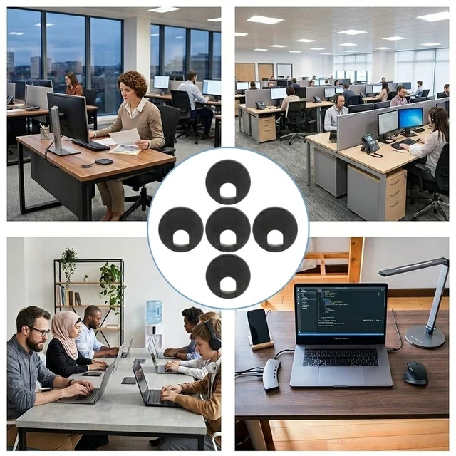 Alt view image 5 of 6 - 2 Inch Desk Grommet (50mm) - 5 Pack Black Plastic Cable Management Kit, Wire Covers for Cords Pass Through Computer Table, Office Desk Hole Cover for TV Stand & Workstation