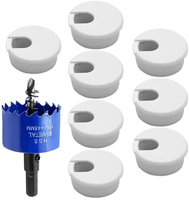 Main image of 8pcs 1-3/4 Inch Desk Grommet, White Cable Hole Cover | with Drilling Hole Saw, Plastic Desk Hole Cover, for Wire Cord Organizing, Office Computer Desk