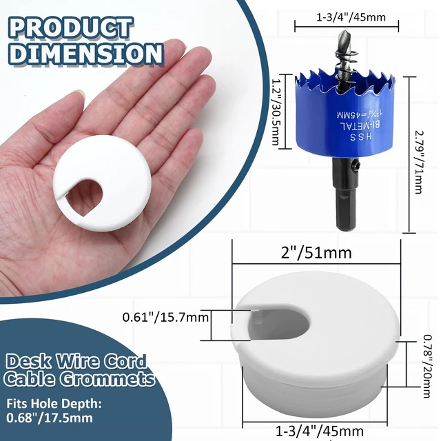 Alt view image 2 of 7 - 8pcs 1-3/4 Inch Desk Grommet, White Cable Hole Cover | with Drilling Hole Saw, Plastic Desk Hole Cover, for Wire Cord Organizing, Office Computer Desk
