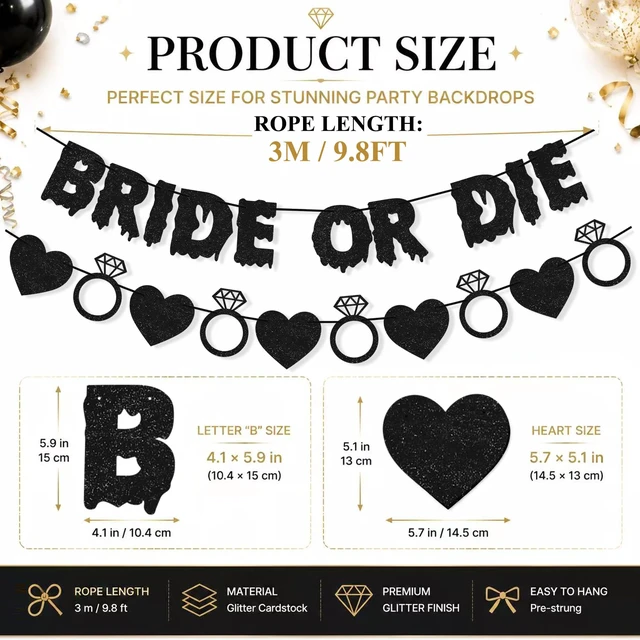 Alt view image 3 of 5 - Bride or Die Banner Bachelorette Party Decorations for Women Girls | Ring Black Heart Garland, Bride to Be Sign, Halloween Gothic Bridal Shower Engagement Wedding Party Supplies