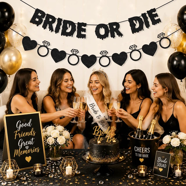 Alt view image 4 of 5 - Bride or Die Banner Bachelorette Party Decorations for Women Girls | Ring Black Heart Garland, Bride to Be Sign, Halloween Gothic Bridal Shower Engagement Wedding Party Supplies