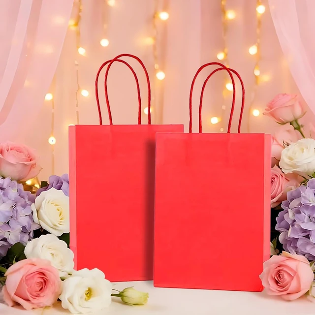 Alt view image 5 of 7 - Small Plain Kraft Paper Gift Bags with Handles - Red, 24pcs for Birthday, Wedding, Grocery, Retail, Business, Goody, Craft Bags