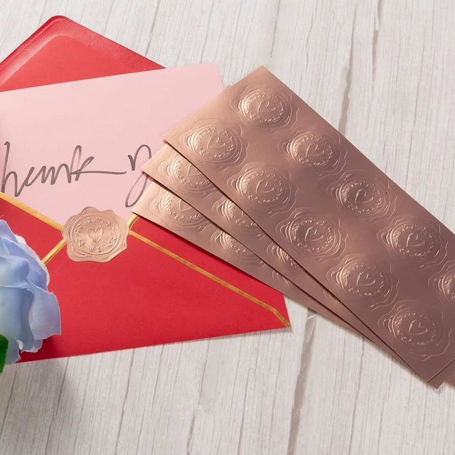 Alt view image 3 of 7 - 300 Pieces Embossed Gold Foil Stickers, Rose Gold Heart-Love | For Envelopes, Wedding Invitations, Christmas Greeting Cards