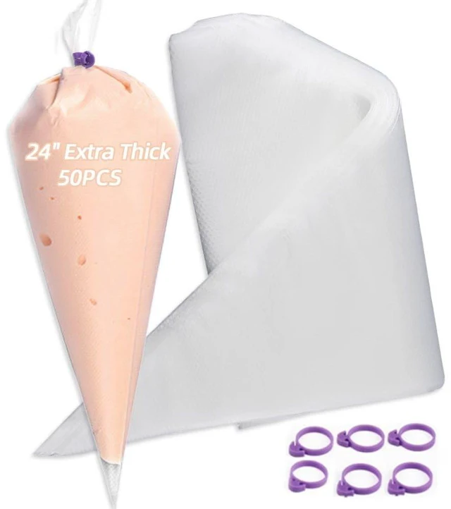 Main image of 24 Inch Extra Large Piping Bags Disposable,50 Pack Thick Pastry Bags | with 6 Bag Ties,Anti Burst,Heavy Duty,Large Icing Bags,for Frosting,Cream,Pastry Filling,Cake Decorating bags