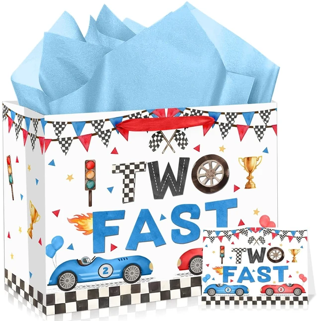 Main image of Two Fast Birthday Gift Bags for Baby Boys Large Racing Car 2nd Birthday Party Favor Bag with Tissue Paper and Card 2nd Bday Wrapping Paper Goodie Candy Treat Bag for Kids Boys Two Years Old Party