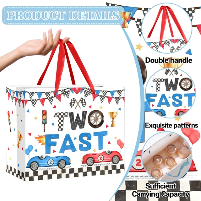 Alt view image 3 of 7 - Two Fast Birthday Gift Bags for Baby Boys Large Racing Car 2nd Birthday Party Favor Bag with Tissue Paper and Card 2nd Bday Wrapping Paper Goodie Candy Treat Bag for Kids Boys Two Years Old Party