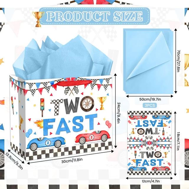 Alt view image 2 of 7 - Two Fast Birthday Gift Bags for Baby Boys Large Racing Car 2nd Birthday Party Favor Bag with Tissue Paper and Card 2nd Bday Wrapping Paper Goodie Candy Treat Bag for Kids Boys Two Years Old Party