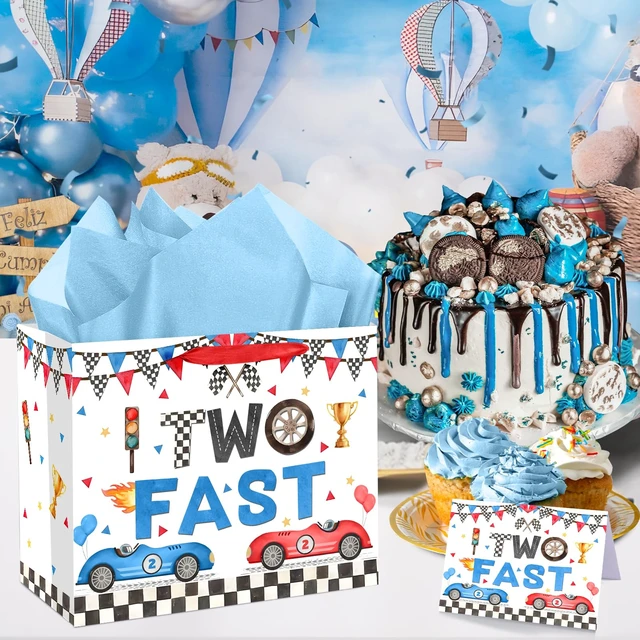 Alt view image 4 of 7 - Two Fast Birthday Gift Bags for Baby Boys Large Racing Car 2nd Birthday Party Favor Bag with Tissue Paper and Card 2nd Bday Wrapping Paper Goodie Candy Treat Bag for Kids Boys Two Years Old Party