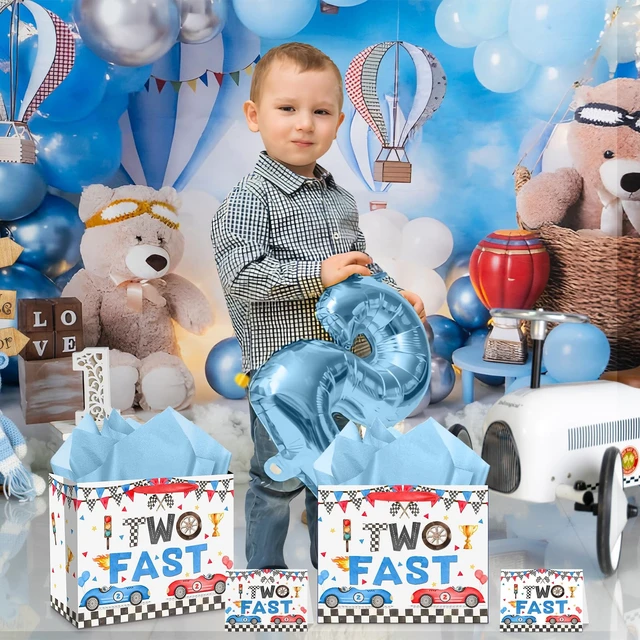 Alt view image 6 of 7 - Two Fast Birthday Gift Bags for Baby Boys Large Racing Car 2nd Birthday Party Favor Bag with Tissue Paper and Card 2nd Bday Wrapping Paper Goodie Candy Treat Bag for Kids Boys Two Years Old Party