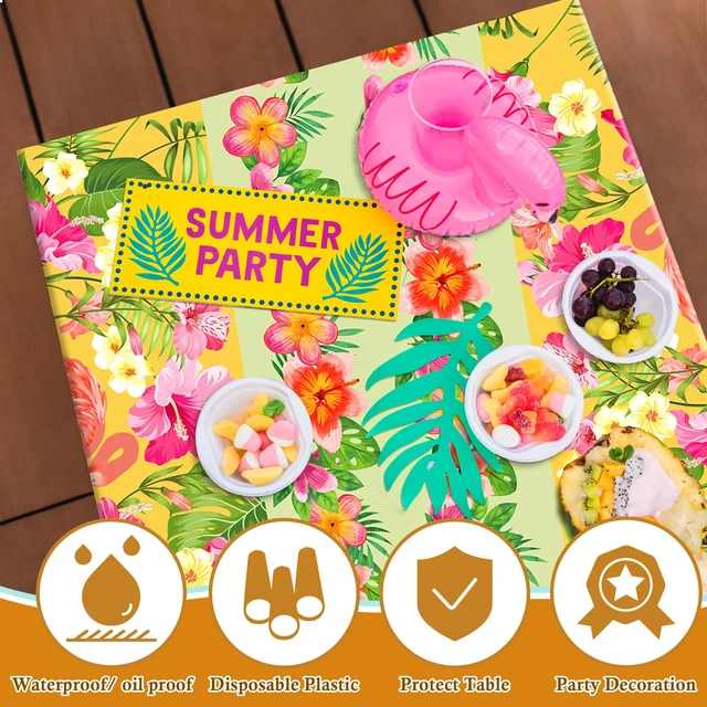 Alt view image 4 of 7 - 2 Pack Luau Party Decorations - Plastic Tablecloth for Hawaiian Theme Party Decorations | Tropical Summer Beach Pool Birthday Backdrop Favors Supplies