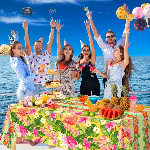 Alt view image 5 of 7 - 2 Pack Luau Party Decorations - Plastic Tablecloth for Hawaiian Theme Party Decorations | Tropical Summer Beach Pool Birthday Backdrop Favors Supplies