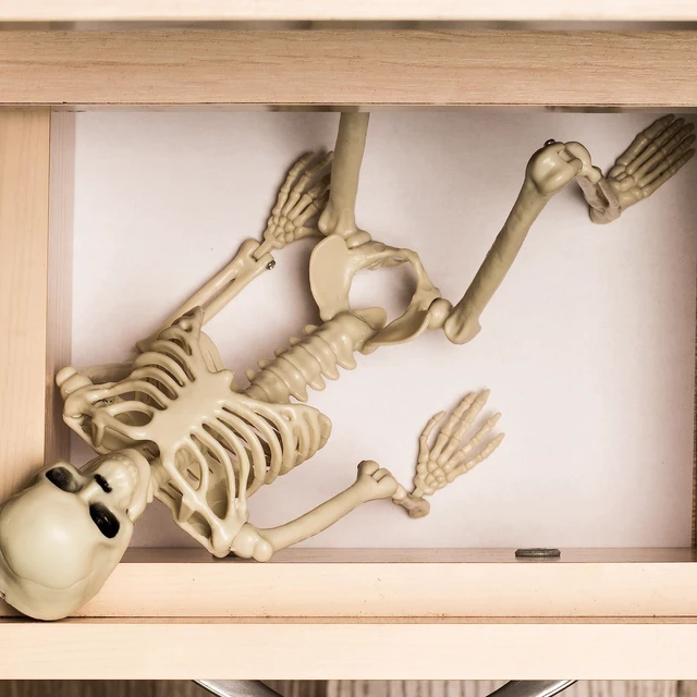 Alt view image 3 of 7 - Halloween Skeleton Decorations, 16" Plastic Full Body Posable Skeleton, Small Hanging Skeleton for Halloween Decor, Graveyard Haunted House Props
