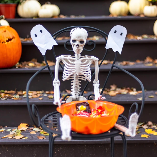 Alt view image 6 of 7 - Halloween Skeleton Decorations, 16" Plastic Full Body Posable Skeleton, Small Hanging Skeleton for Halloween Decor, Graveyard Haunted House Props