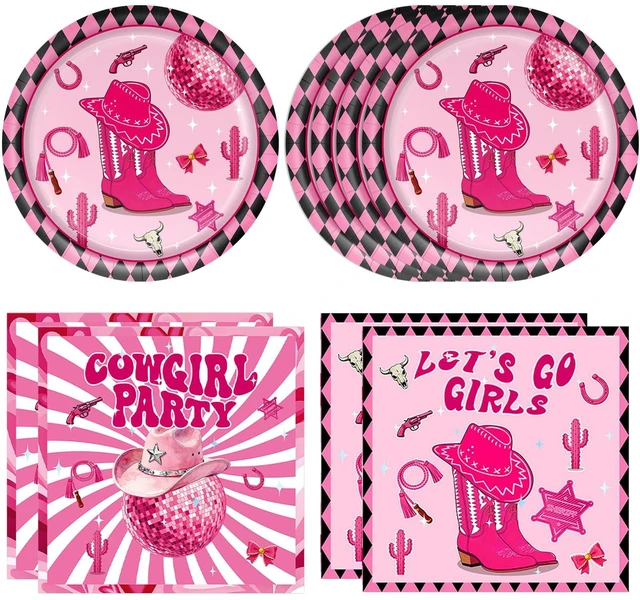 Main image of 40PCS Cowgirl Party Decorations Disco Cowgirl Birthday Plates and Napkins Pink Party Supplies Disposable Table Decor Set for Women Girl Western Cowgirl Baby Shower Bachelorette Party Supplies