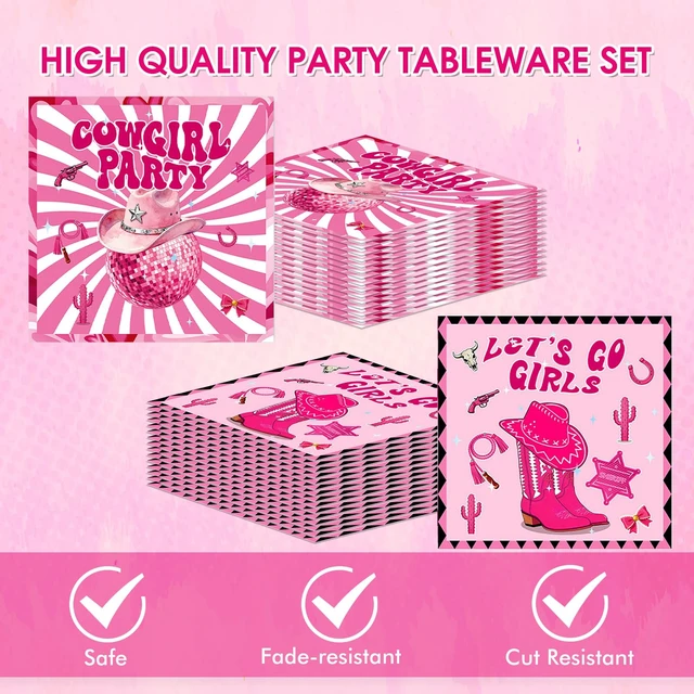 Alt view image 3 of 7 - 40PCS Cowgirl Party Decorations Disco Cowgirl Birthday Plates and Napkins Pink Party Supplies Disposable Table Decor Set for Women Girl Western Cowgirl Baby Shower Bachelorette Party Supplies