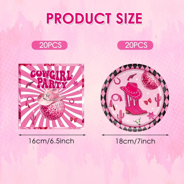 Alt view image 2 of 7 - 40PCS Cowgirl Party Decorations Disco Cowgirl Birthday Plates and Napkins Pink Party Supplies Disposable Table Decor Set for Women Girl Western Cowgirl Baby Shower Bachelorette Party Supplies