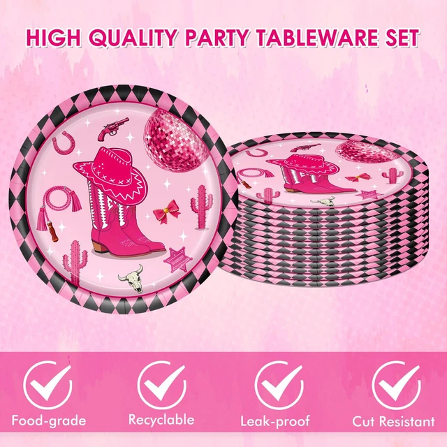 Alt view image 4 of 7 - 40PCS Cowgirl Party Decorations Disco Cowgirl Birthday Plates and Napkins Pink Party Supplies Disposable Table Decor Set for Women Girl Western Cowgirl Baby Shower Bachelorette Party Supplies