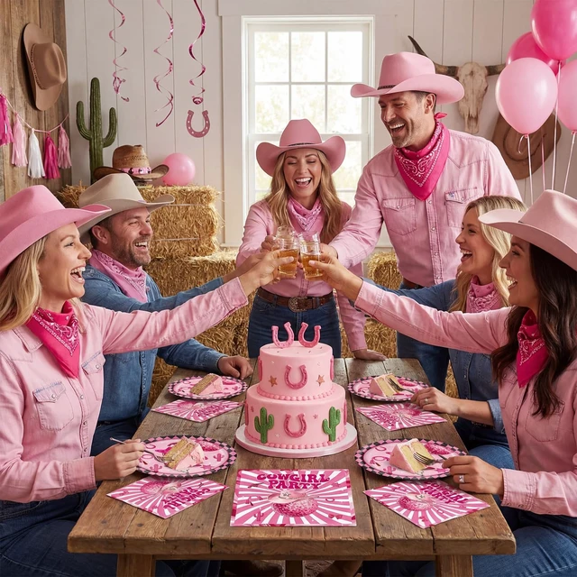 Alt view image 5 of 7 - 40PCS Cowgirl Party Decorations Disco Cowgirl Birthday Plates and Napkins Pink Party Supplies Disposable Table Decor Set for Women Girl Western Cowgirl Baby Shower Bachelorette Party Supplies