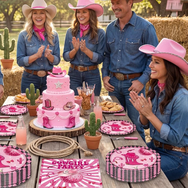 Alt view image 6 of 7 - 40PCS Cowgirl Party Decorations Disco Cowgirl Birthday Plates and Napkins Pink Party Supplies Disposable Table Decor Set for Women Girl Western Cowgirl Baby Shower Bachelorette Party Supplies