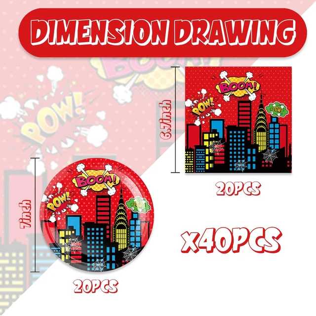 Alt view image 2 of 6 - 40Pack Super Theme Hero Birthday Party Supplies Plates and Napkins for 20 Guests Tableware Super Theme Hero Supplies for Kids Birthday Party Decorations