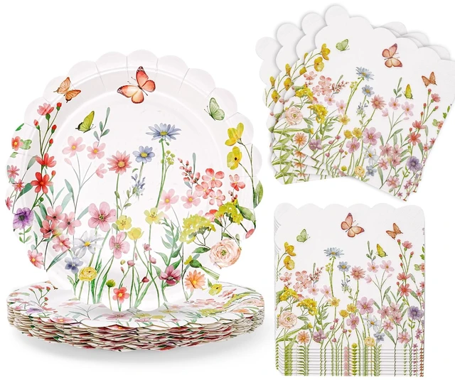 Main image of Wildflower Party Plates and Napkins Set - 40 Pcs Spring Disposable Tableware for 20 Guests, 9 Inch Floral Paper Plates & Butterfly Napkins for Baby Shower, Garden Party & Birthday Decorations