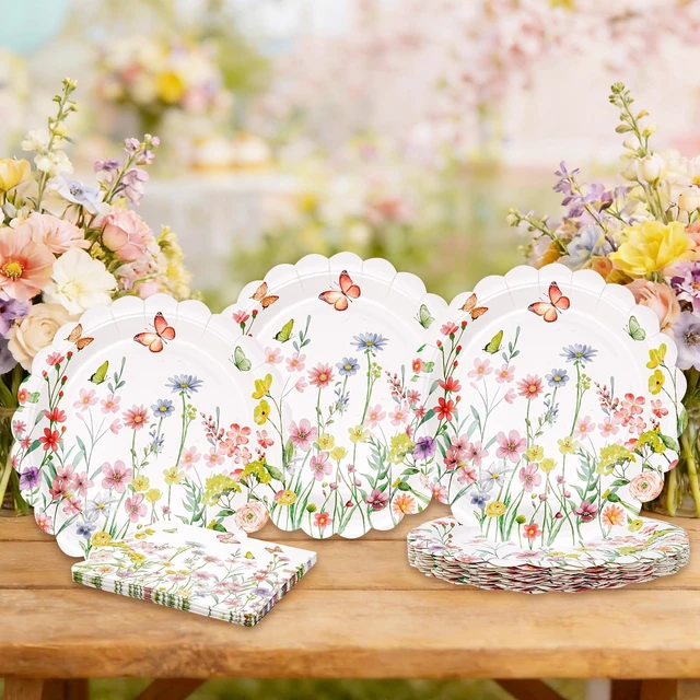 Alt view image 3 of 7 - Wildflower Party Plates and Napkins Set - 40 Pcs Spring Disposable Tableware for 20 Guests, 9 Inch Floral Paper Plates & Butterfly Napkins for Baby Shower, Garden Party & Birthday Decorations