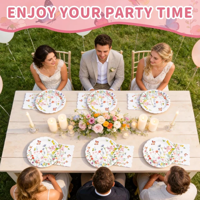 Alt view image 4 of 7 - Wildflower Party Plates and Napkins Set - 40 Pcs Spring Disposable Tableware for 20 Guests, 9 Inch Floral Paper Plates & Butterfly Napkins for Baby Shower, Garden Party & Birthday Decorations