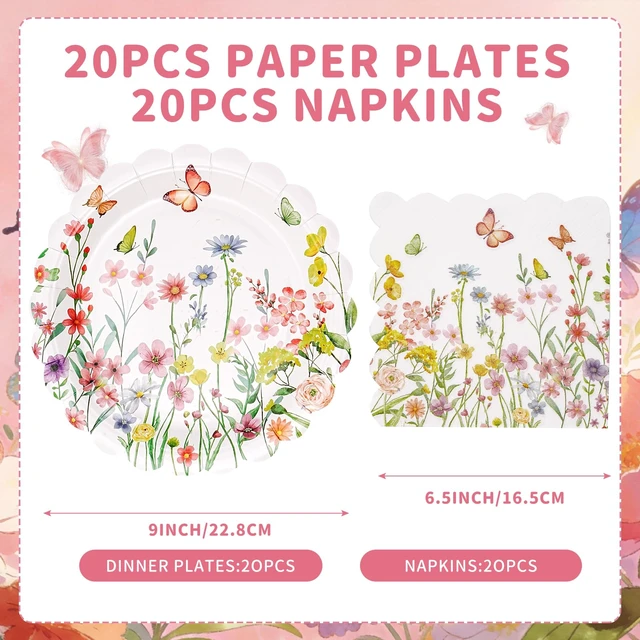 Alt view image 5 of 7 - Wildflower Party Plates and Napkins Set - 40 Pcs Spring Disposable Tableware for 20 Guests, 9 Inch Floral Paper Plates & Butterfly Napkins for Baby Shower, Garden Party & Birthday Decorations