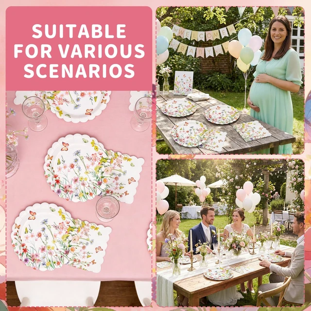 Alt view image 7 of 7 - Wildflower Party Plates and Napkins Set - 40 Pcs Spring Disposable Tableware for 20 Guests, 9 Inch Floral Paper Plates & Butterfly Napkins for Baby Shower, Garden Party & Birthday Decorations