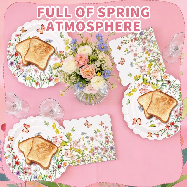 Alt view image 6 of 7 - Wildflower Party Plates and Napkins Set - 40 Pcs Spring Disposable Tableware for 20 Guests, 9 Inch Floral Paper Plates & Butterfly Napkins for Baby Shower, Garden Party & Birthday Decorations