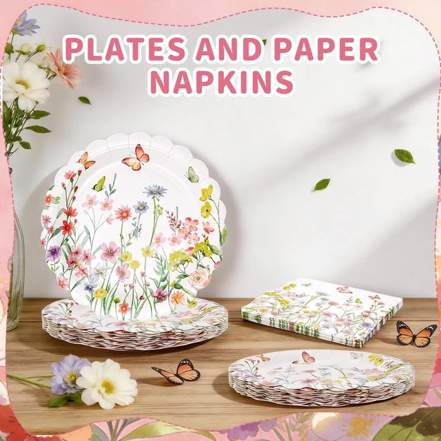 Alt view image 2 of 7 - Wildflower Party Plates and Napkins Set - 40 Pcs Spring Disposable Tableware for 20 Guests, 9 Inch Floral Paper Plates & Butterfly Napkins for Baby Shower, Garden Party & Birthday Decorations