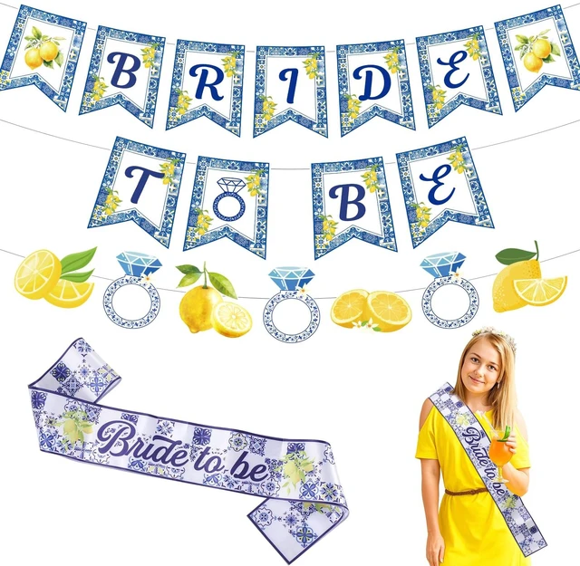 Main image of Lemon Bridal Shower Decorations - 4 Pcs Amalfi Coast Banner Set | Pre-Strung Bride To Be Blue Tiles Yellow Party Sash, Mediterranean Citrus Fruit Theme Bachelorette Party Supplies