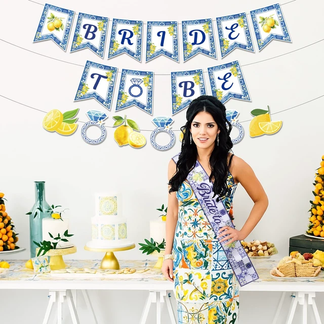Alt view image 4 of 6 - Lemon Bridal Shower Decorations - 4 Pcs Amalfi Coast Banner Set | Pre-Strung Bride To Be Blue Tiles Yellow Party Sash, Mediterranean Citrus Fruit Theme Bachelorette Party Supplies